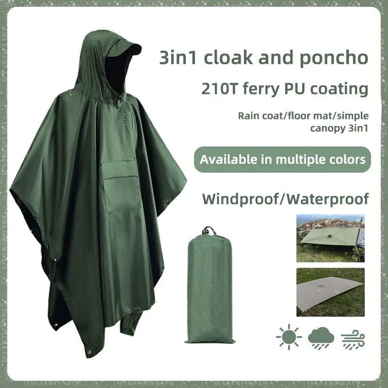 3-in-1 Military Rain Poncho Hooded Waterproof Camping Motorcycle Cover