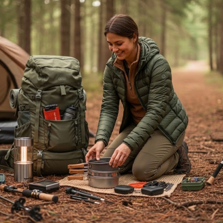 Woman preparing camping gear in a forest setting with a tent and fishing equipment.