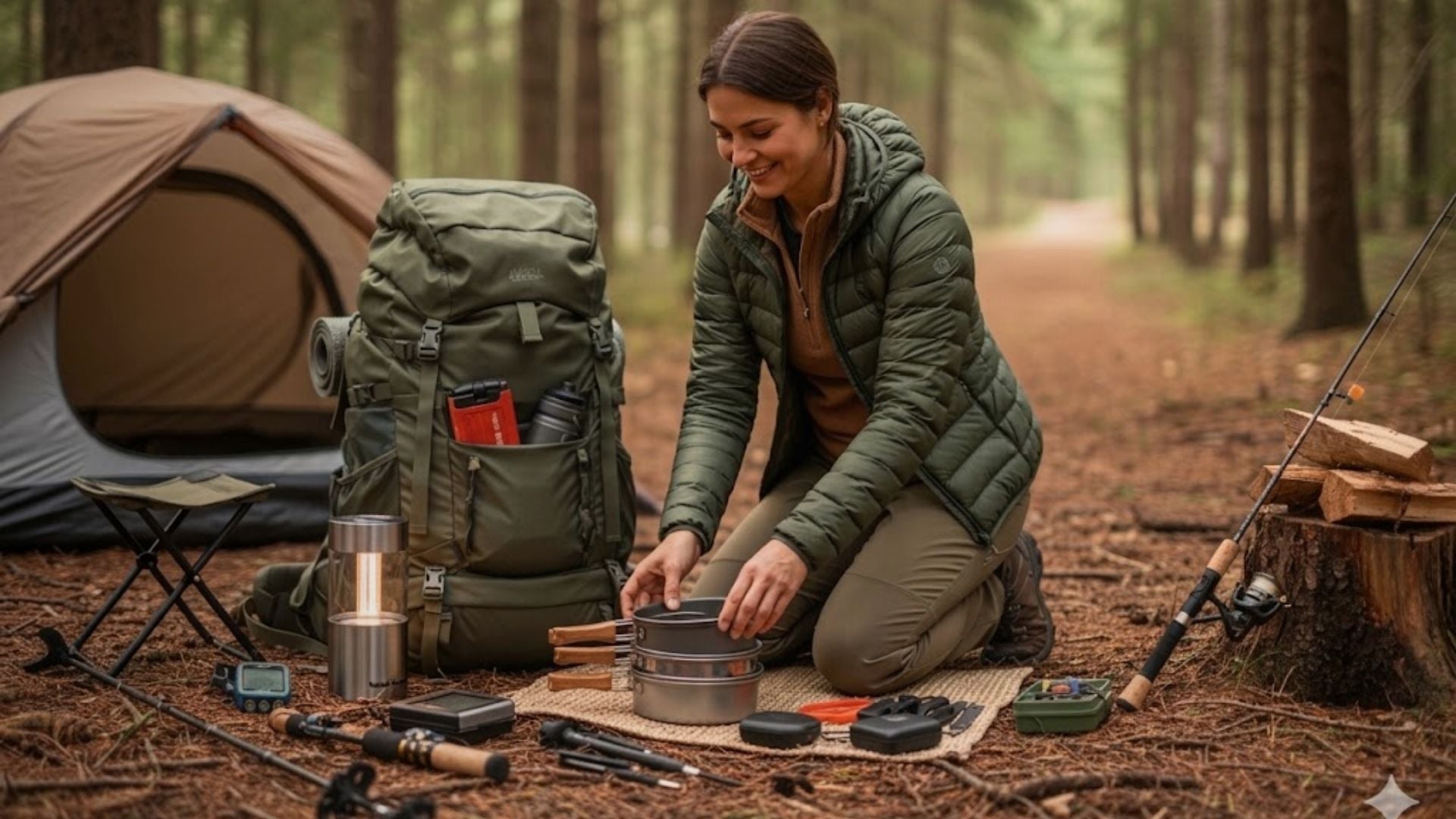 Woman preparing camping gear in a forest setting with a tent and fishing equipment.