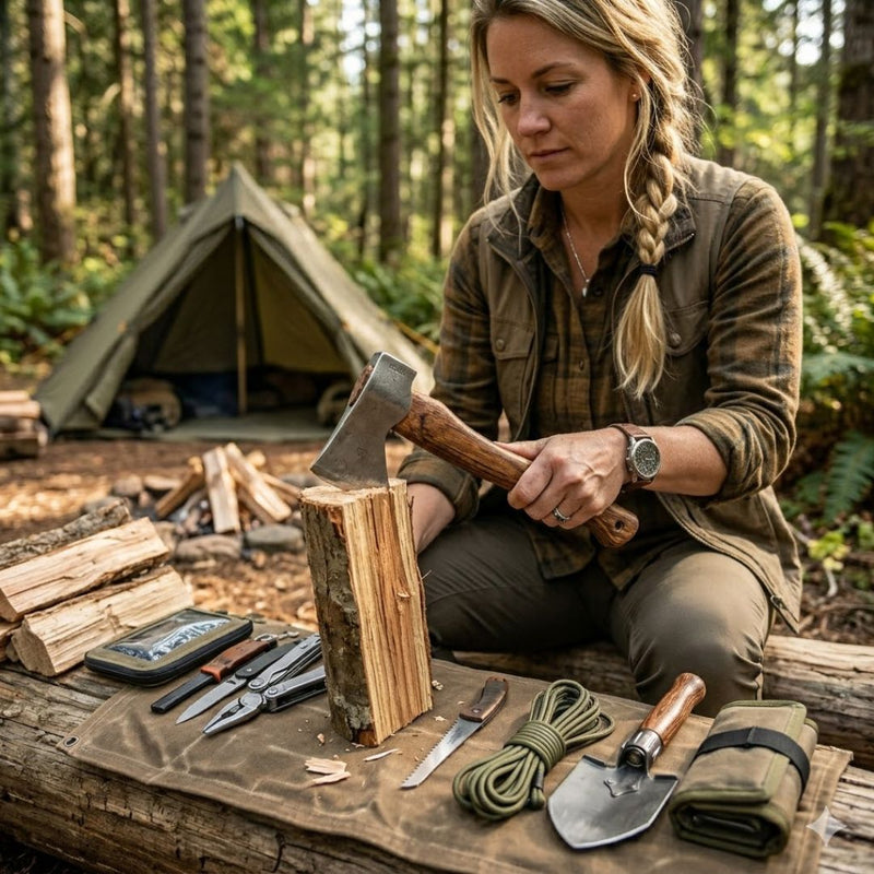 Woman in a forest setting with camping gear and tools