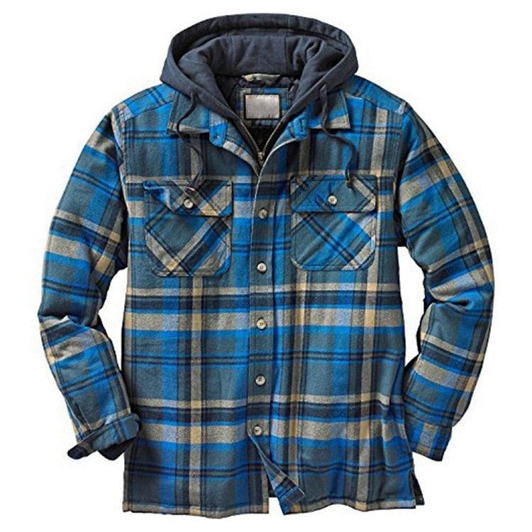 Men’s Plaid Hooded Jacket Autumn Winter Warm Casual Shirt Jacket