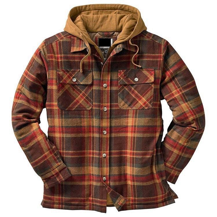 Men’s Plaid Hooded Jacket Autumn Winter Warm Casual Shirt Jacket