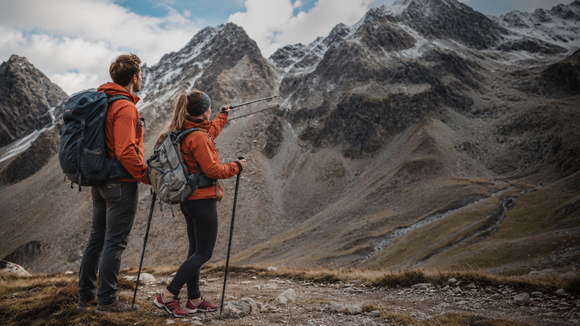 Two hikers with backpacks and walking sticks standing on a mountain trail with snow-capped peaks in the background.