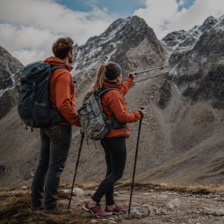 Two hikers with backpacks and walking sticks standing on a mountain trail with snow-capped peaks in the background.