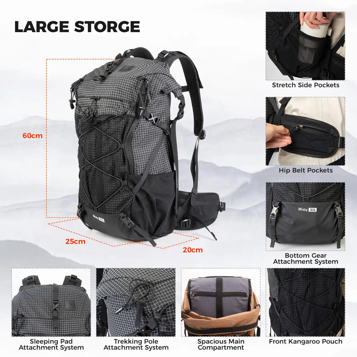 30-35L Hiking Backpack Lightweight Waterproof Outdoor Daypack Travel Gear